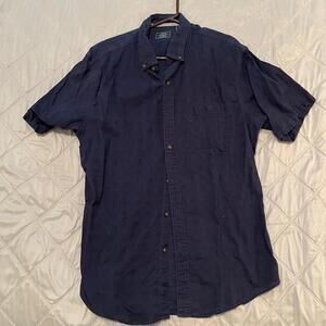 Short Sleeve Button Down Shirt Mens L Cotton Patterned Navy Button Collar